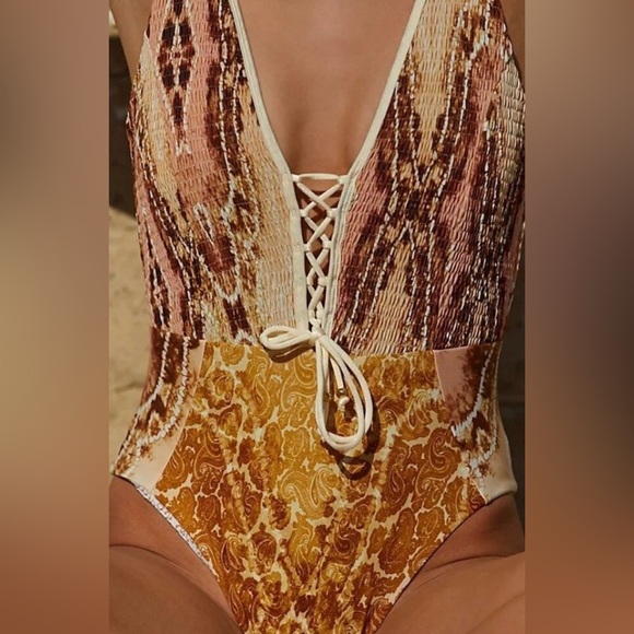 Free People Movemet Resin Obsidian Tie-Front Paisley One-Piece Swimsuit - Picture 2 of 9